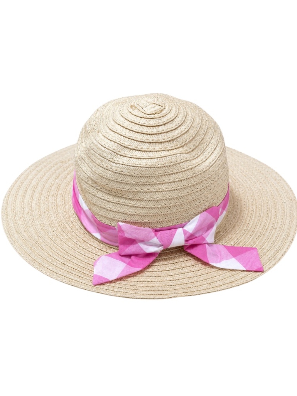 Max Studio Kids Girls Straw Sun Hat Pink Gingham Bow Wide Brim | One Size